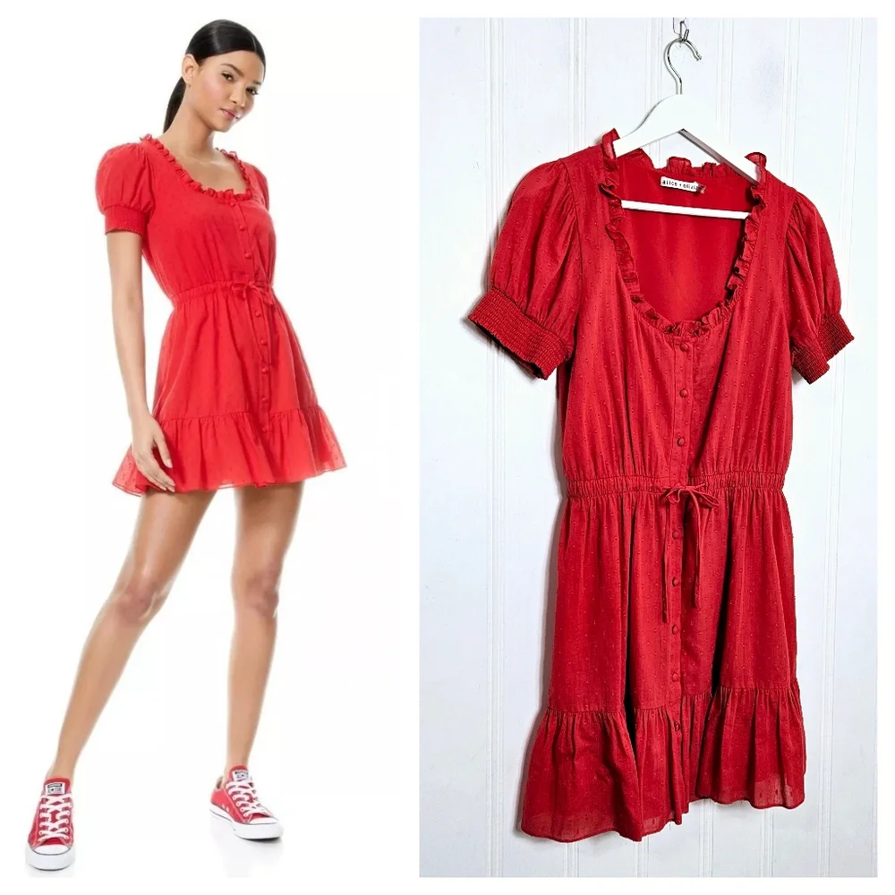 Alice + Olivia Red Swiss Dot Tie Waist Button Dress Sz 6 Ruffle Feminine Chic